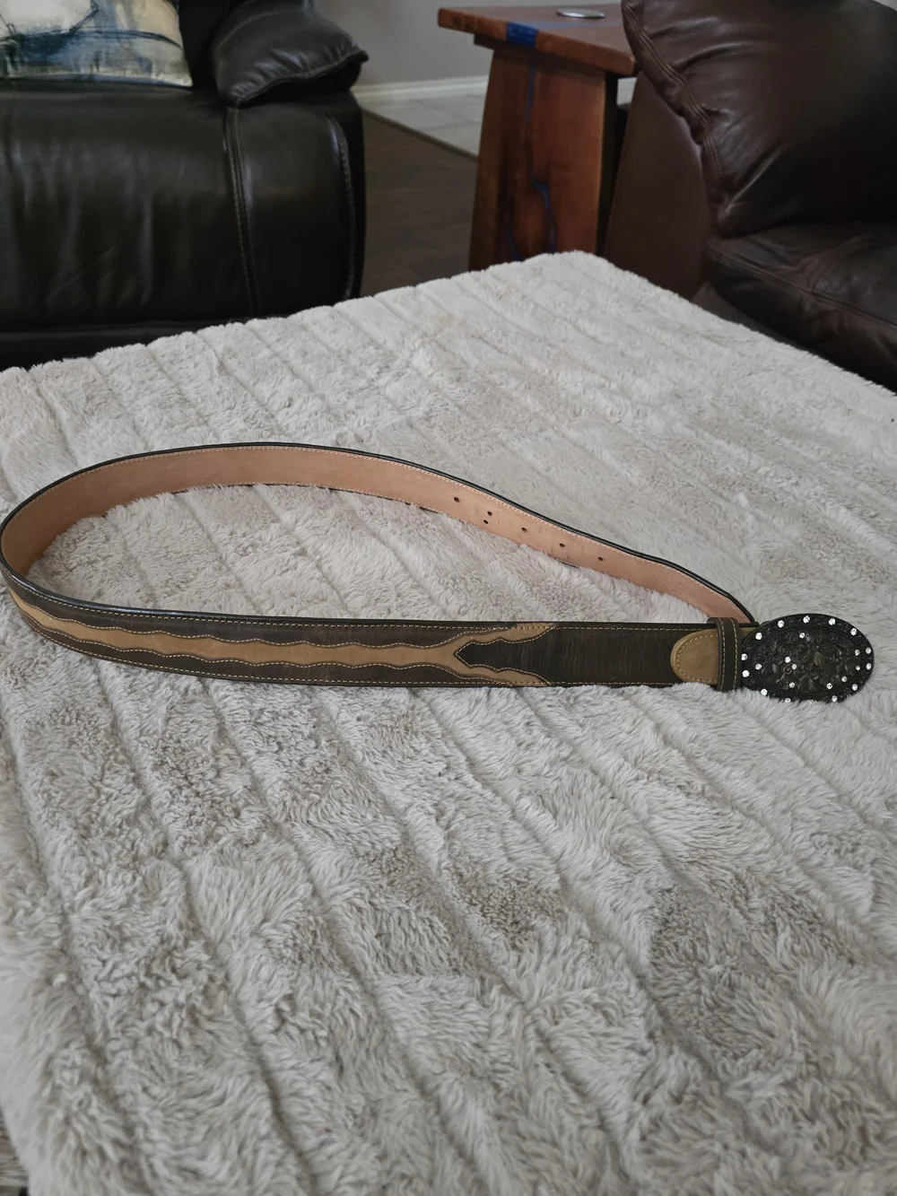 Women's Two-Tone Brown Leather Belt with Studded Buckle Azul Tequila Sz.36